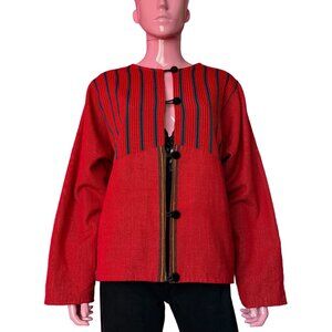 Vintage 90s XL Guatemalan Jacket Red Multicolor Handwoven Stripes Velvet Buttons